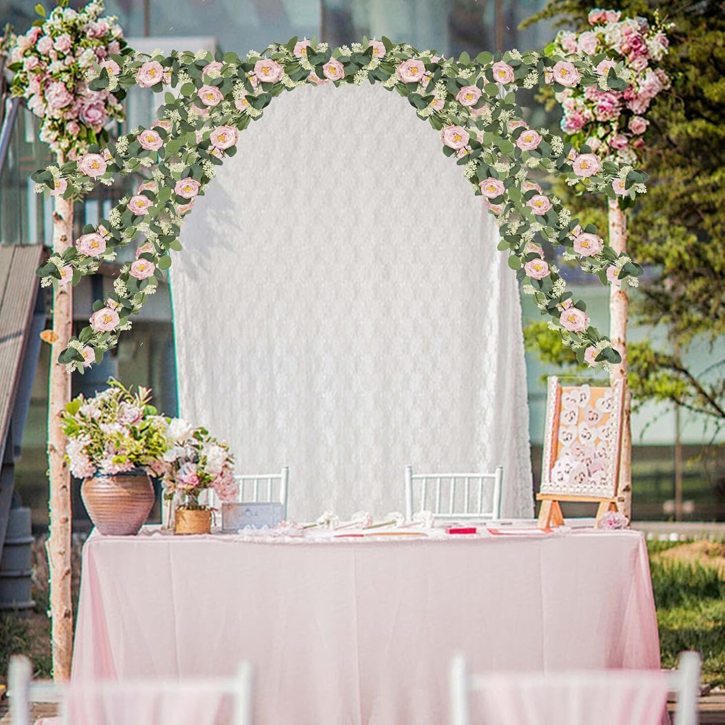 2 Pcs Pink 6.6Ft Artificial Eucalyptus Flower Garland with Fake Rose Flower Vine Seeded Eucalyptus Leaves Greenery Garland for Wedding Table Backdrop Party Centerpiece Room Decor (Pink)