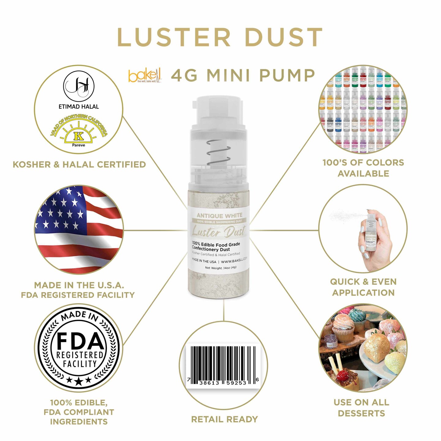 Bakell - Antique White Luster Dust (4g, 1x Pump) Edible Vegan Dust & Paint for Baking, Desserts and Beverages