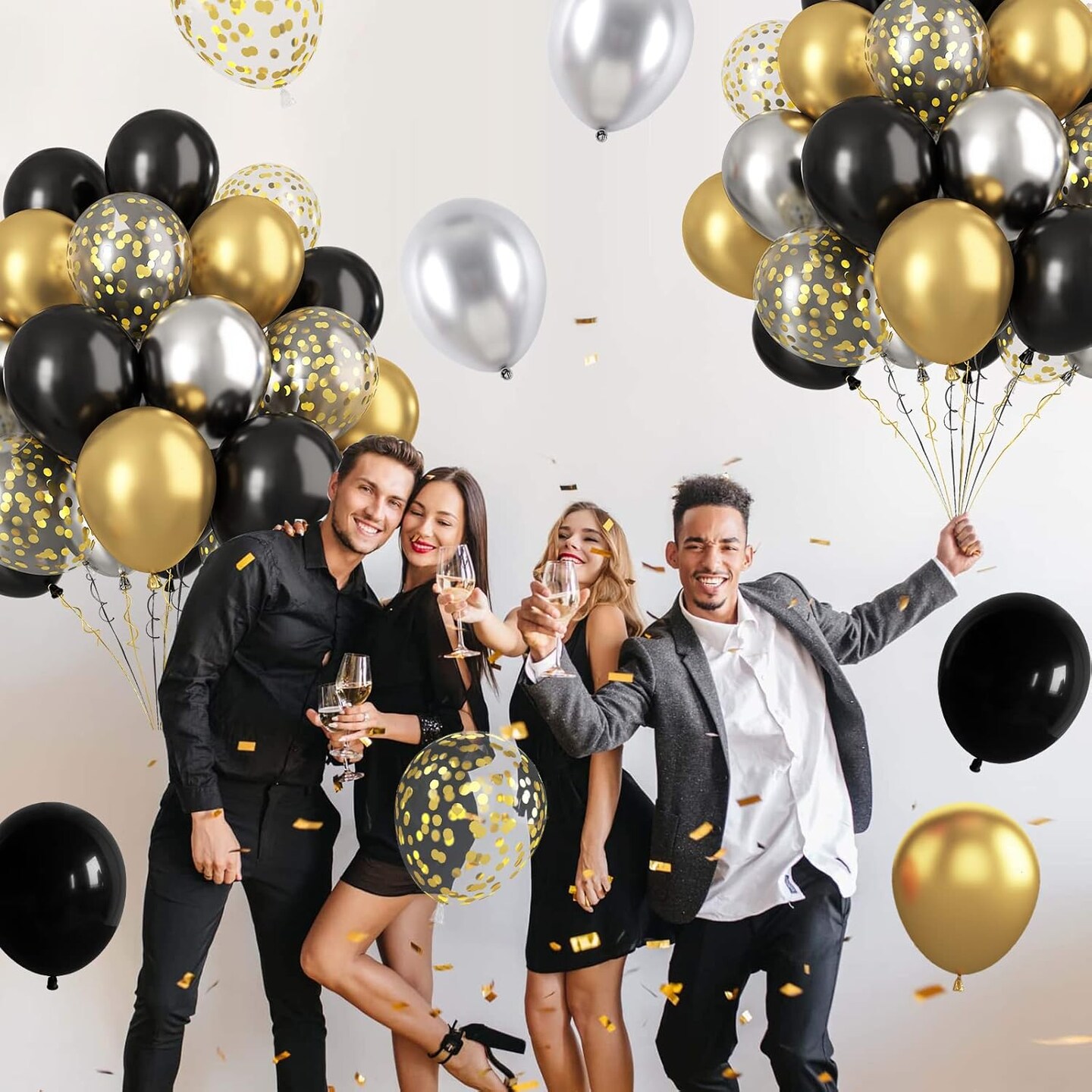 Black and Gold Balloons Latex Balloons, 60 Pcs 12 Inch Silver Gold Confetti Balloons with Ribbons for Birthday Graduation Black Gold Party Wedding Engagement Anniversary Festival Decoration