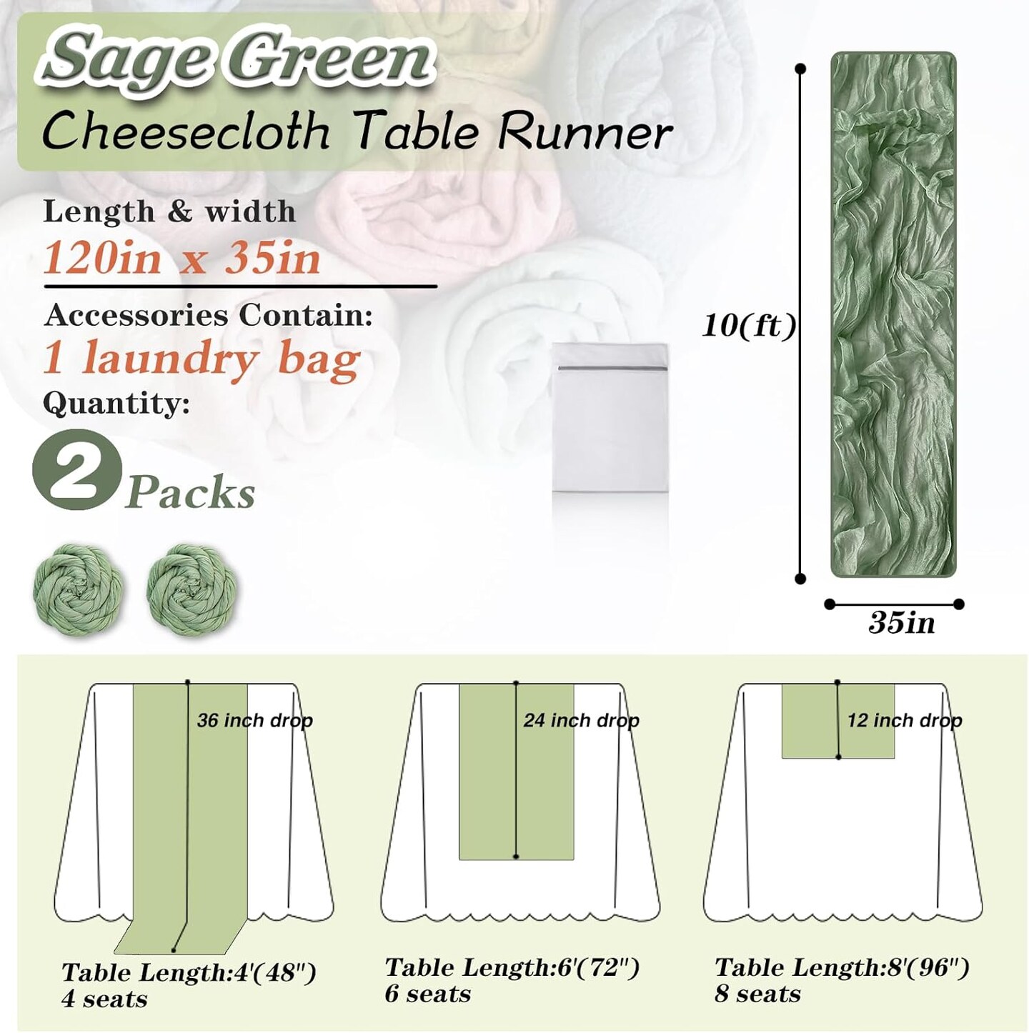 Sage Green Cheesecloth Table Runner 2 Pack 35" Boho Gauze Table Runner 120 inches Long Runner Rustic Sheer Fabric Bulk for Baby Shower Wedding Bridal Birthday Party Table Decorations