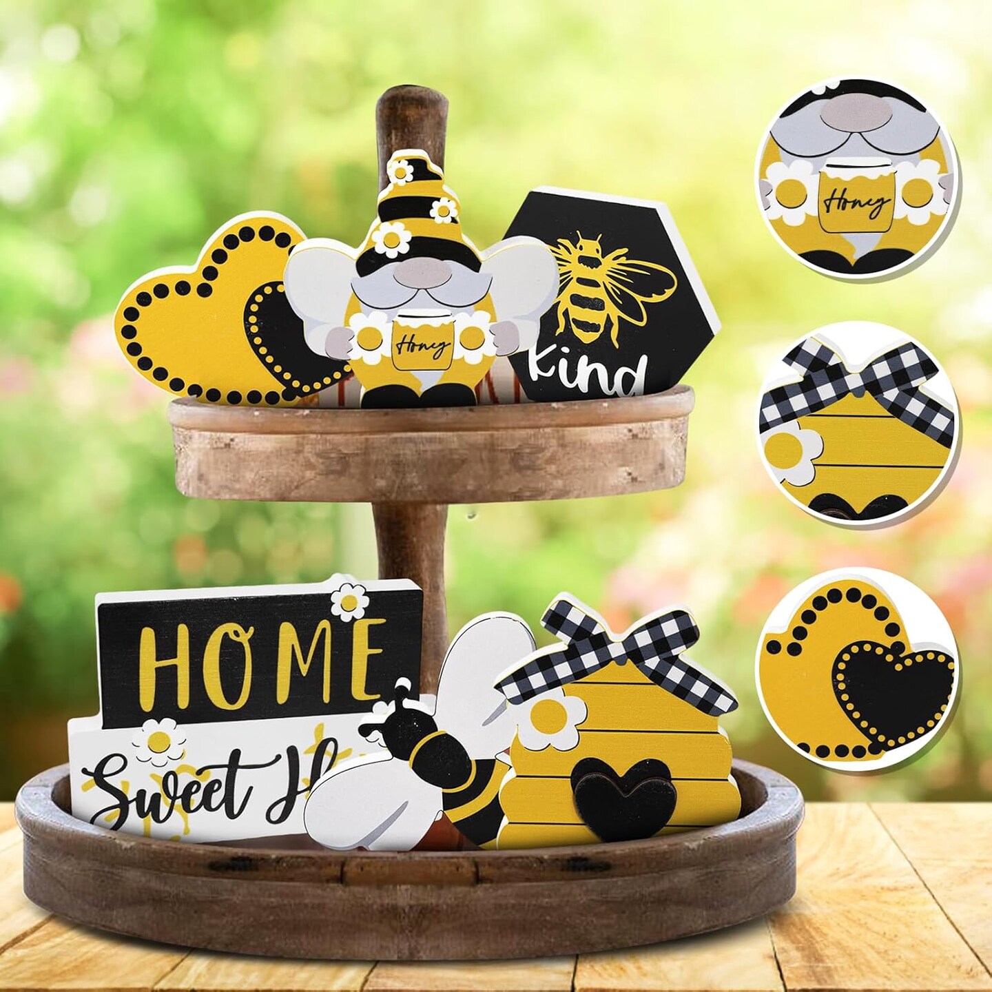 Summer Bee Tiered Tray Decor Set Honey Bee Decor Wooden Signs Farmhouse Sunflower Bee Mini Wood Tabletop Decorations for Home Kitchen