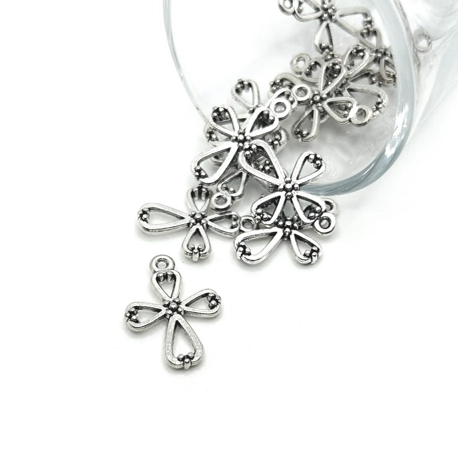 4, 20 or 50 Pieces: Silver Ornate Cross Charms, Double Sided