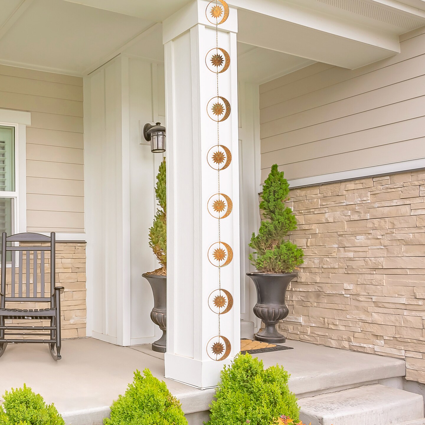 8.5ft 8-Piece Faux Copper Patina Finish Sun and Moon Rain Chain with V-Shaped Gutter Clip