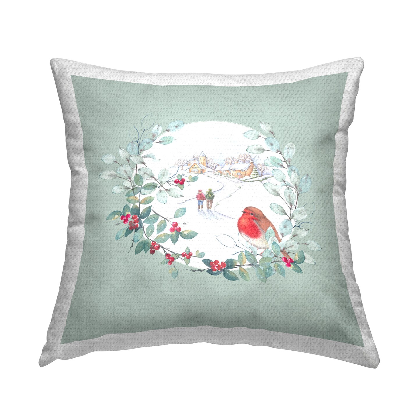 Snow Scene with Border Design by Julie Clay Outdoor Printed Pillow