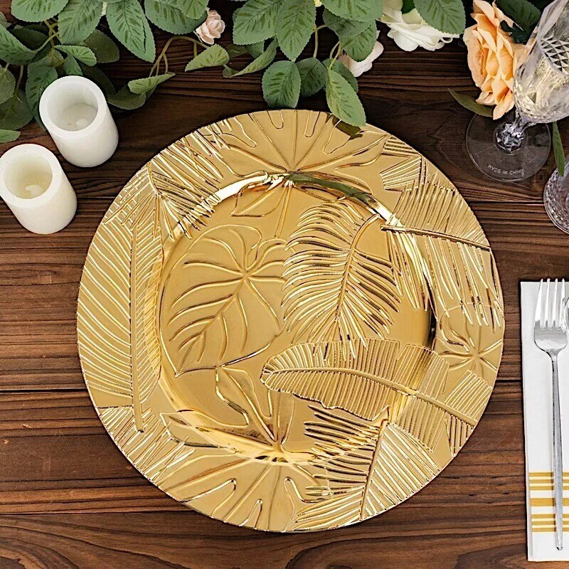 6 Metallic Gold 13" Round Acrylic CHARGER PLATES Embossed Tropical Leaves Party