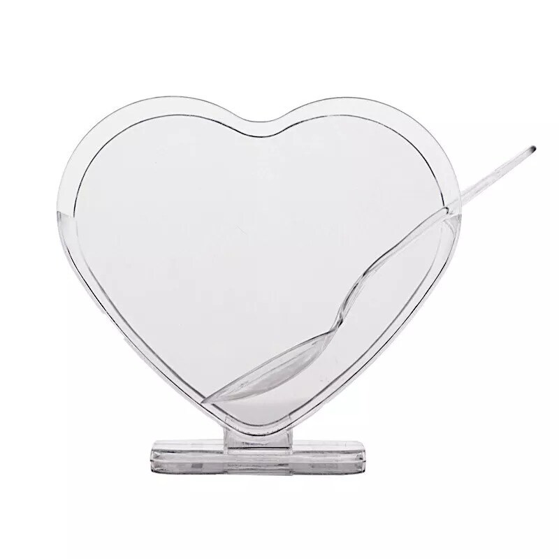24 Clear 2 oz Heart Shaped Disposable Plastic Dessert CUPS SPOONS Party Events