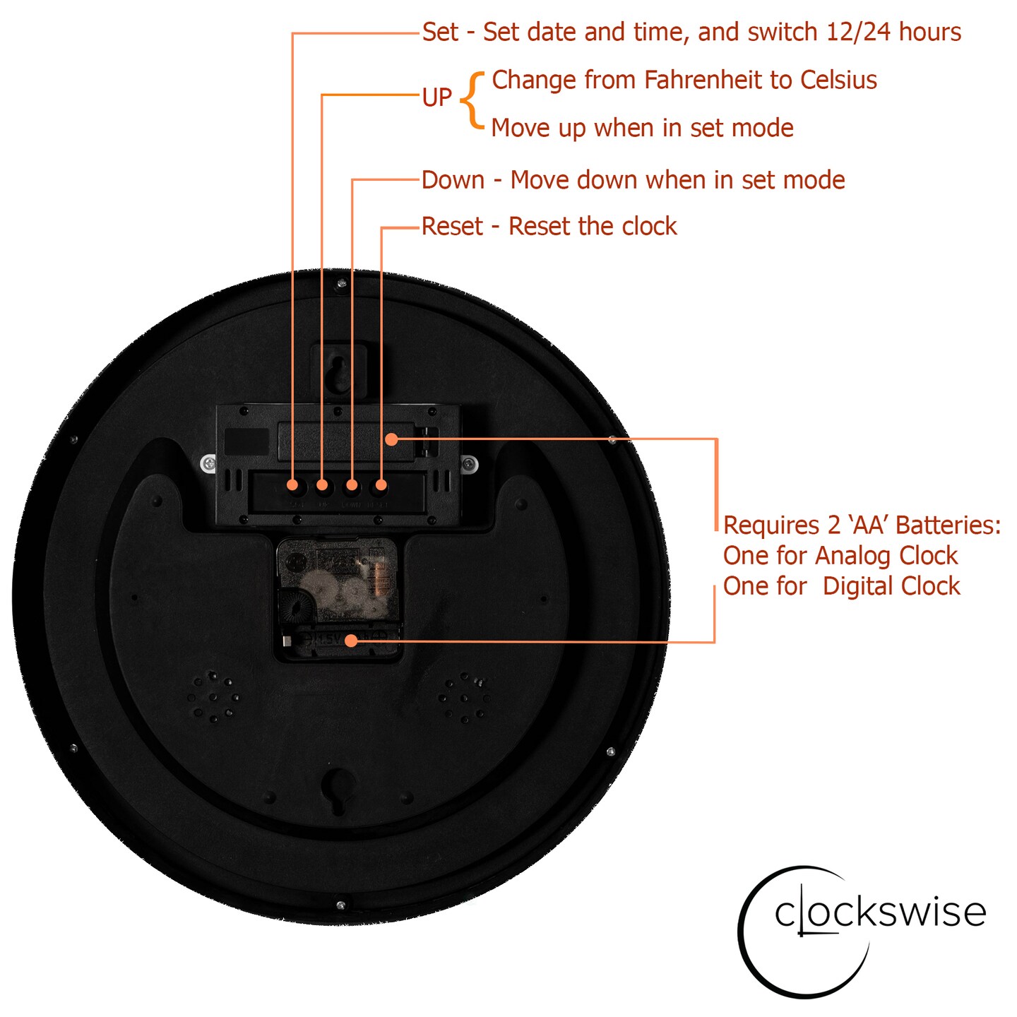 Clockswise Wall Clock, Non-Ticking Analog & Digital with Temperature Display Battery Powered, Silent Operation, Switchable Time and Date - Perfect for Classroom Office Bedroom and Study, Black