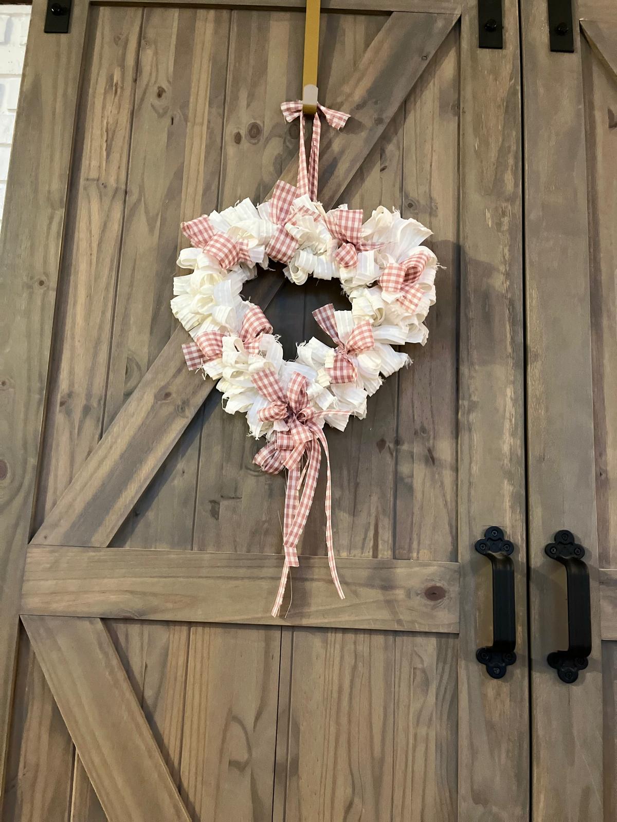 Shabby Chic Heart Rag Wreath Mauve Gingham Art Deco Canvas Vintage Farmhouse Love Nursery Unique Country Cottage Stylish Wreath Handmade product 5