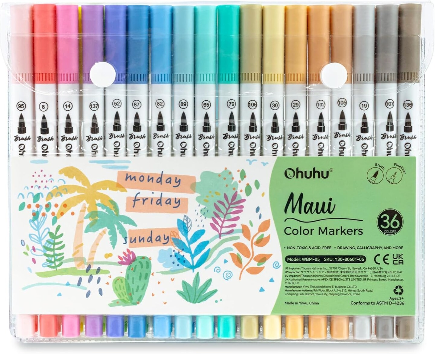 Ohuhu Markers for Adult Coloring Books No Bleeding 36 Pastel Colors Coloring Markers Water-based Dual Tips Fineliner & Brush Drawing Pens Art Markers for Kids Adults Sketch Journal - Maui