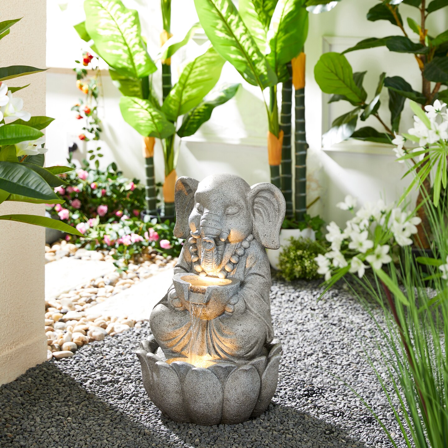 21.75"H 2-Tiered Zen-Style Concrete Elephant Polyresin Outdoor Fountain with Pump and LED Light