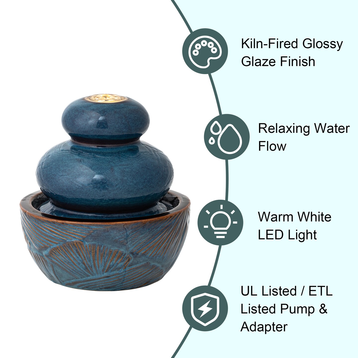 8.75&#x27;&#x27;H Turquoise Leaf Textured Ceramic Tabletop Fountain with Pump and LED light