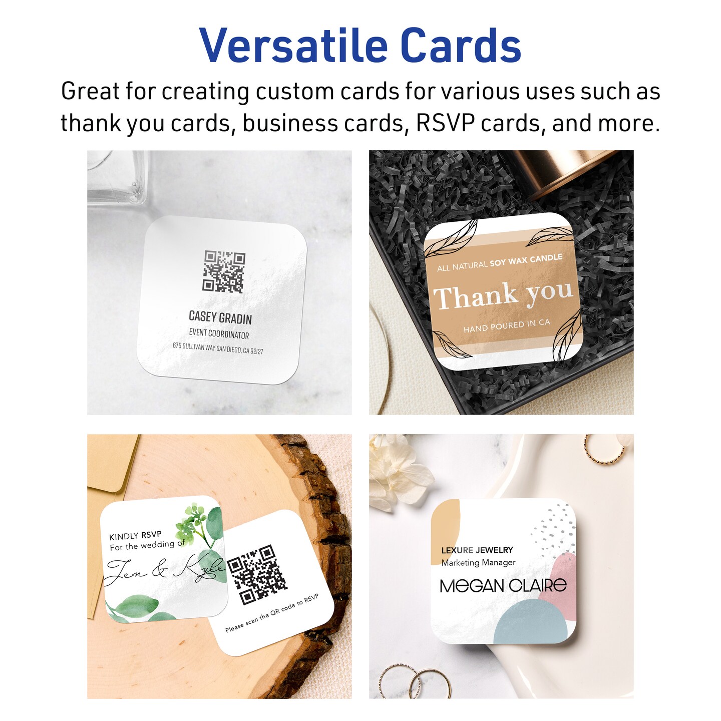2-1/2&#x22; x 2-1/2&#x22; Square Rounded Corners, Glossy White Business Cards