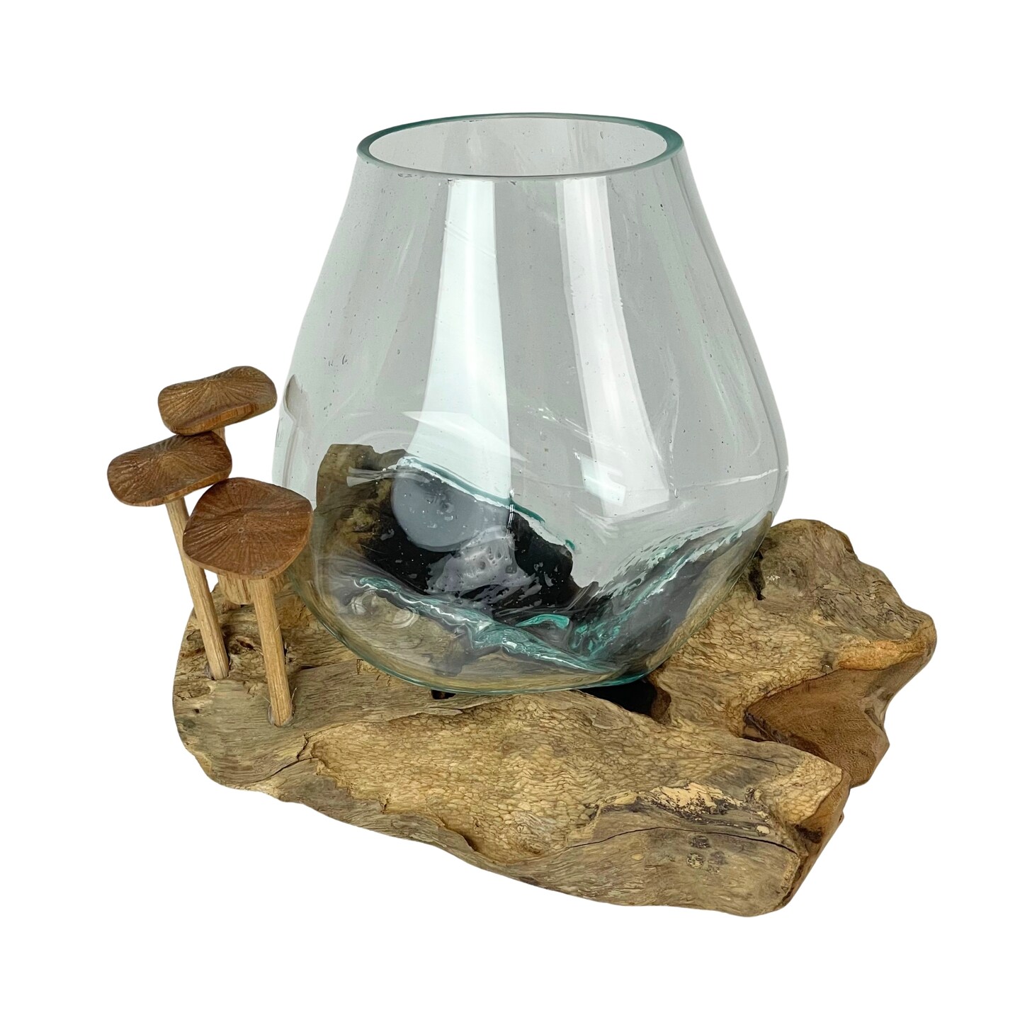 Handcrafted Glass and Teak Vase with Wood Mushroom Embellishments, Rustic Accent