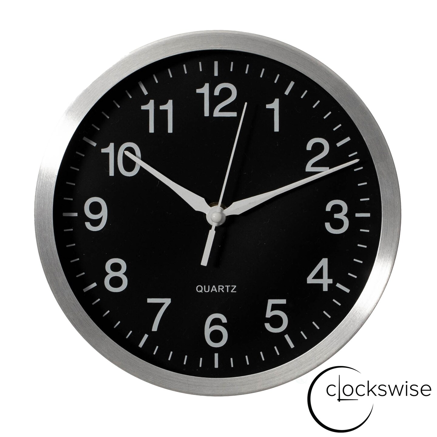 Clockswise Round Quartz Wall Clock Non-Ticking Battery Operated with Silent Sweep Movement, Aluminum Silver Frame, Perfect for Home Kitchen Office Living Room Study Hallway Classroom, Black Face