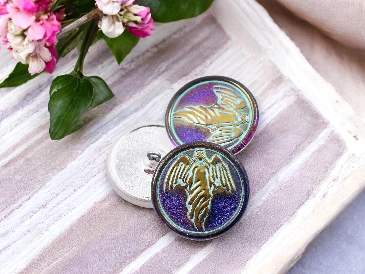 27mm Round Guardian Angel Button - Turquoise Wash with Gold & Volcano - Czech Glass Buttons
