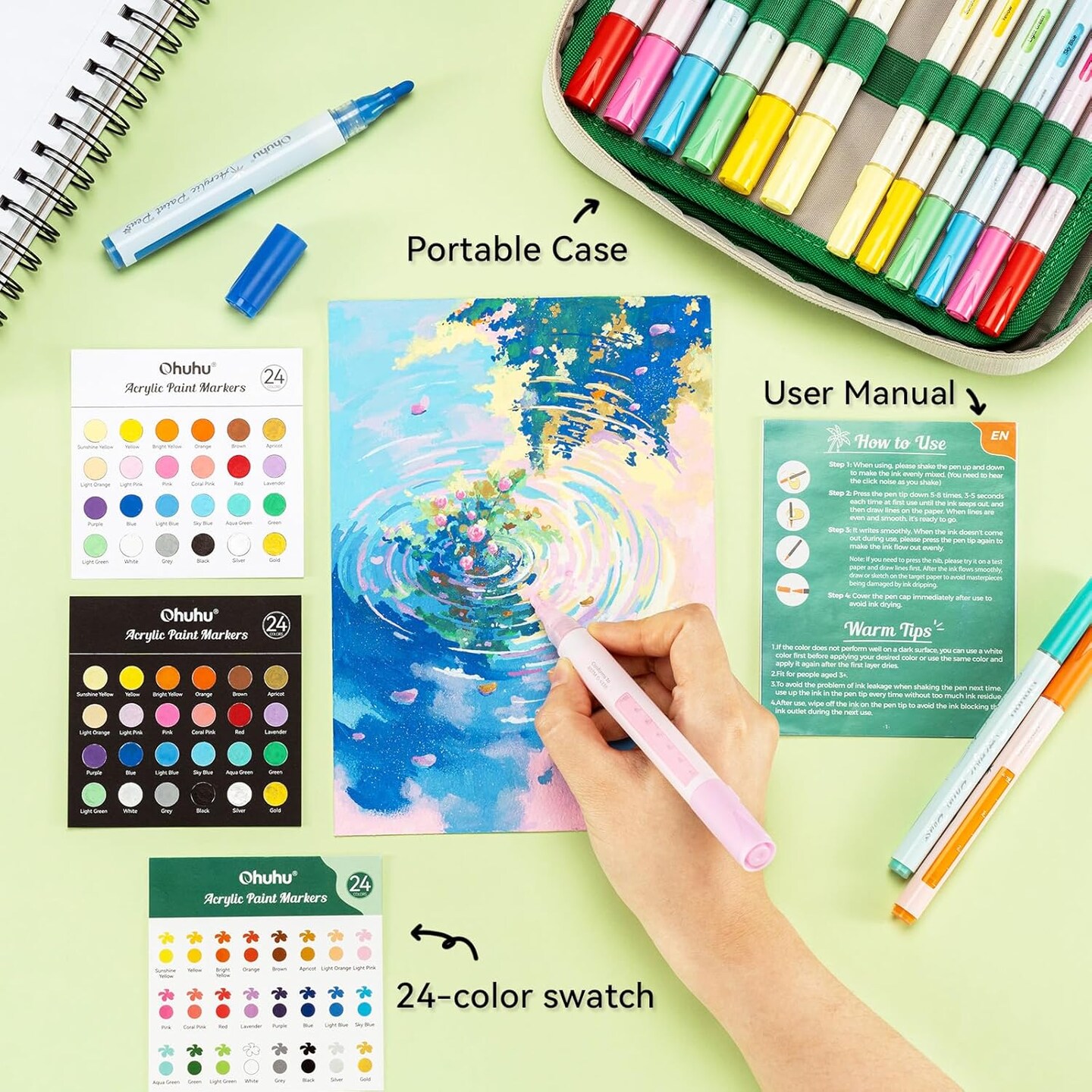 Ohuhu Acrylic Paint Markers 48 PCS 24 Colors Double Pack of Fine Tip & Reversible Tips (Chisel & Round) Acrylic Markers High Opacity Paint Pens for Rock Painting Easter Egg Wood Glass Ceramic Canvas