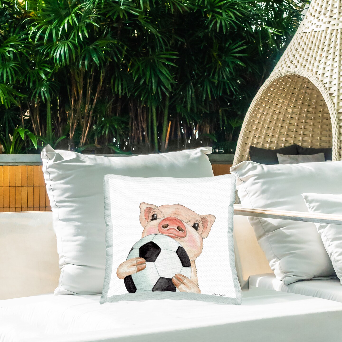 Pig with Soccer Ball Design by Sharon Kuplack Outdoor Printed Pillow 