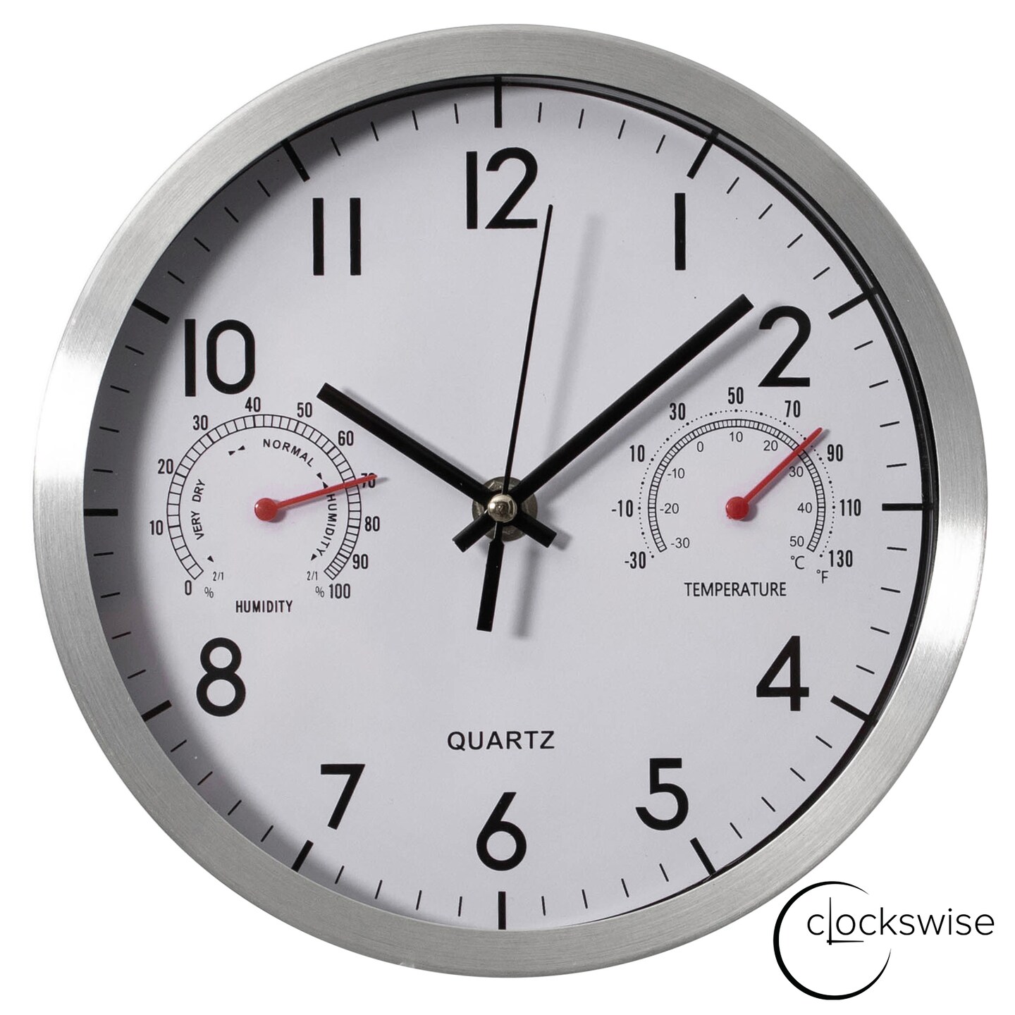Clockswise Non-Ticking Quartz Wall Clock with Thermometer & Hygrometer - Battery Operated Aluminum Analog Clock for Temperature & Humidity Monitoring - Ideal for Home, Office or School, Silver