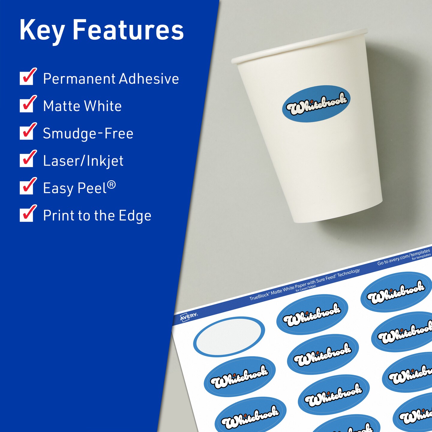 Avery TrueBlock Matte White Paper Labels,  1&#x22; x 2&#x22; Oval