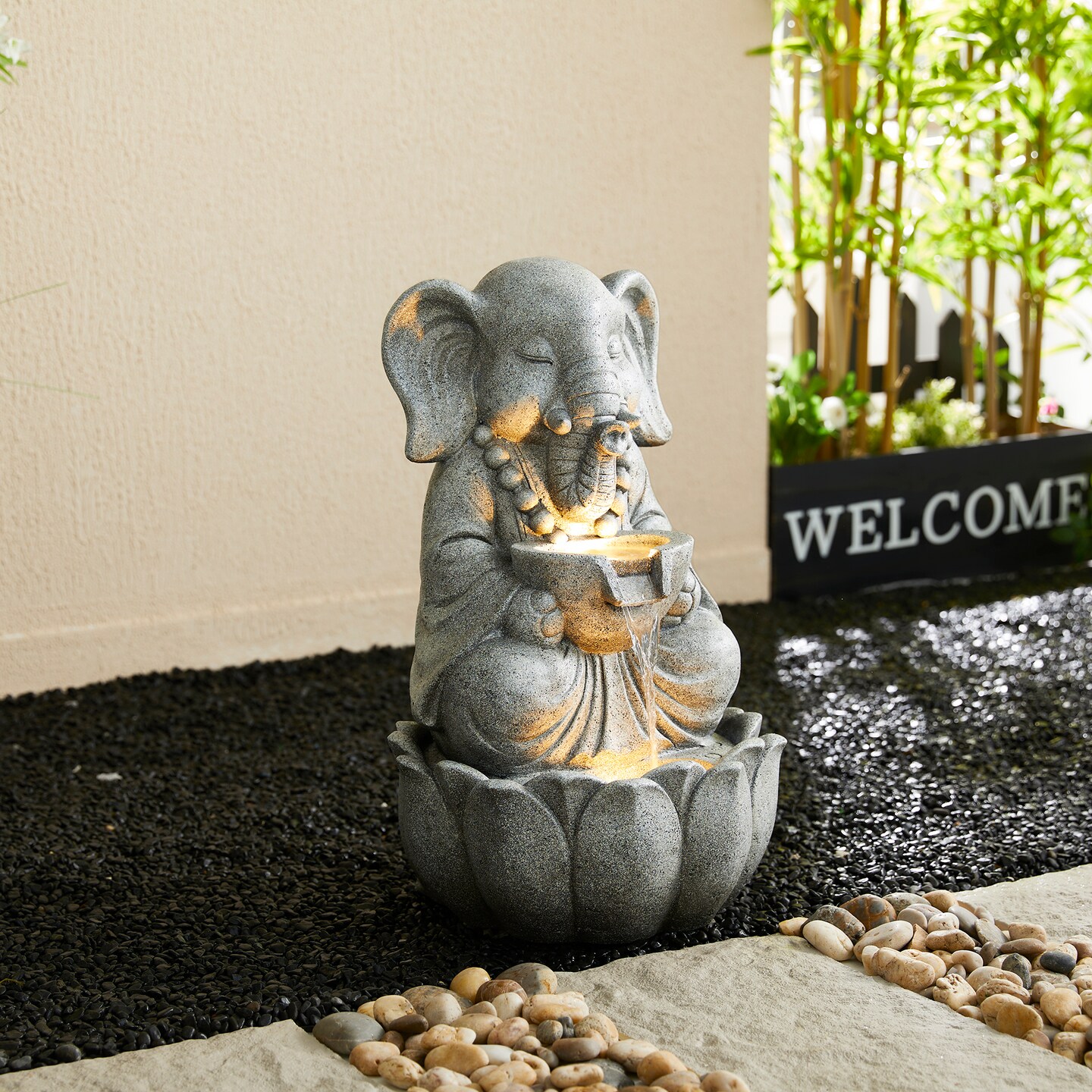 21.75"H 2-Tiered Zen-Style Concrete Elephant Polyresin Outdoor Fountain with Pump and LED Light