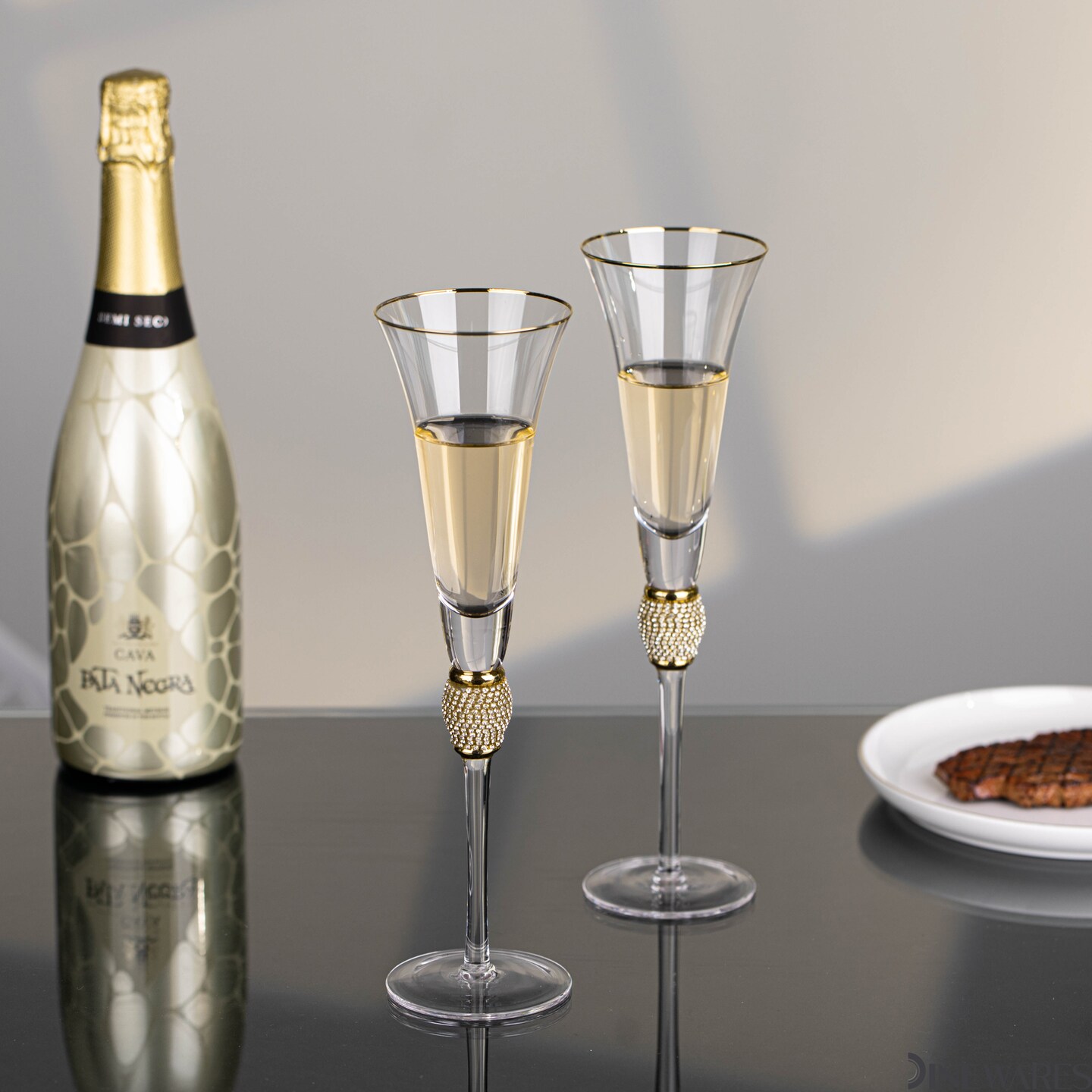 Elegant Crystal Set Wedding Champagne Glasses with Diamond Rhinestone Accents and a Polished Rim - 11 in Tall with Slender Long Stems, 7 oz - Chic Toasting Set for the Bride and Groom