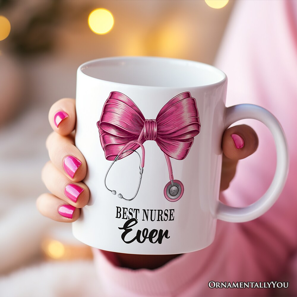 Best Nurse Coquette Pink Bow Mug, Pink Stethoscope, Gift for Nurse