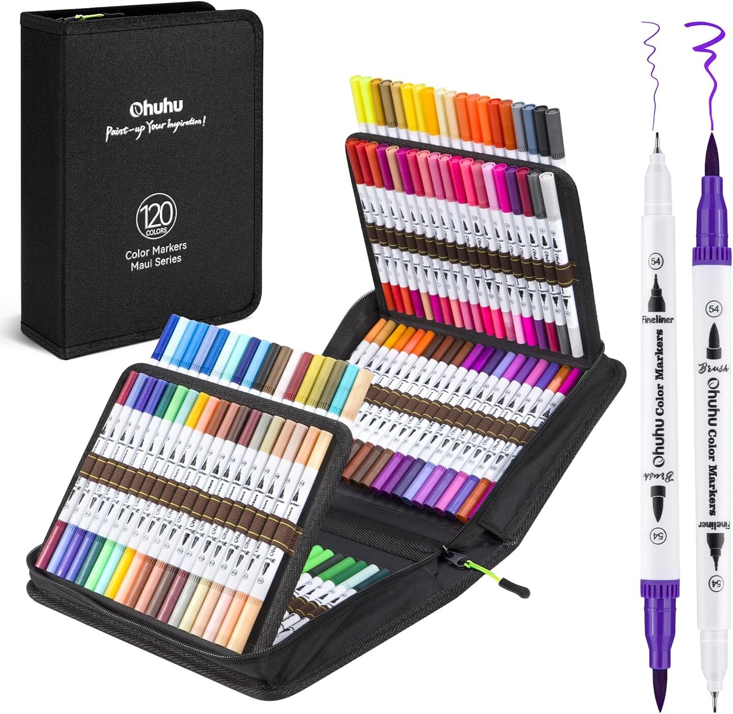 Ohuhu Markers for Adult Coloring Books: 120 Colors Brush Pens Dual Brush Fine Tip Drawing Pens Water-Based Coloring Markers for Calligraphy Bullet Journal with Carrying Case -Maui (White Barrel)