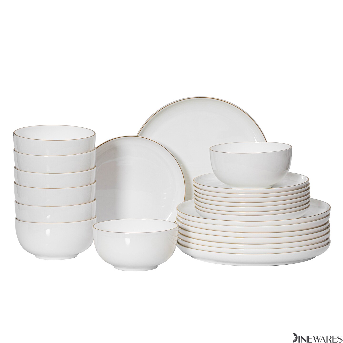 Perlaceo Luxurious Collection of White with Gold Rim Bone China Dinnerware Set - Lightweight and Durable - Service for 4 or 8, Including Dinner Plates, Salad Plates, and Cereal or Soup Bowls