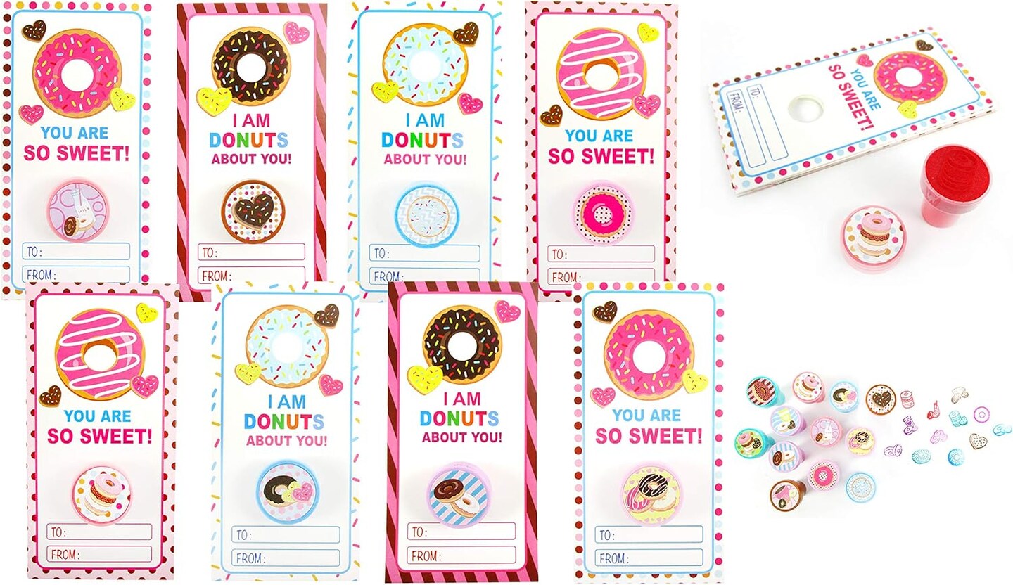 Tiny Mills 36 PACK Donuts Cards with Donuts Stampers for Valentine&#x27;s Day Classroom Exchange Birthday Party Favor Prizes Valentine&#x27;s Day