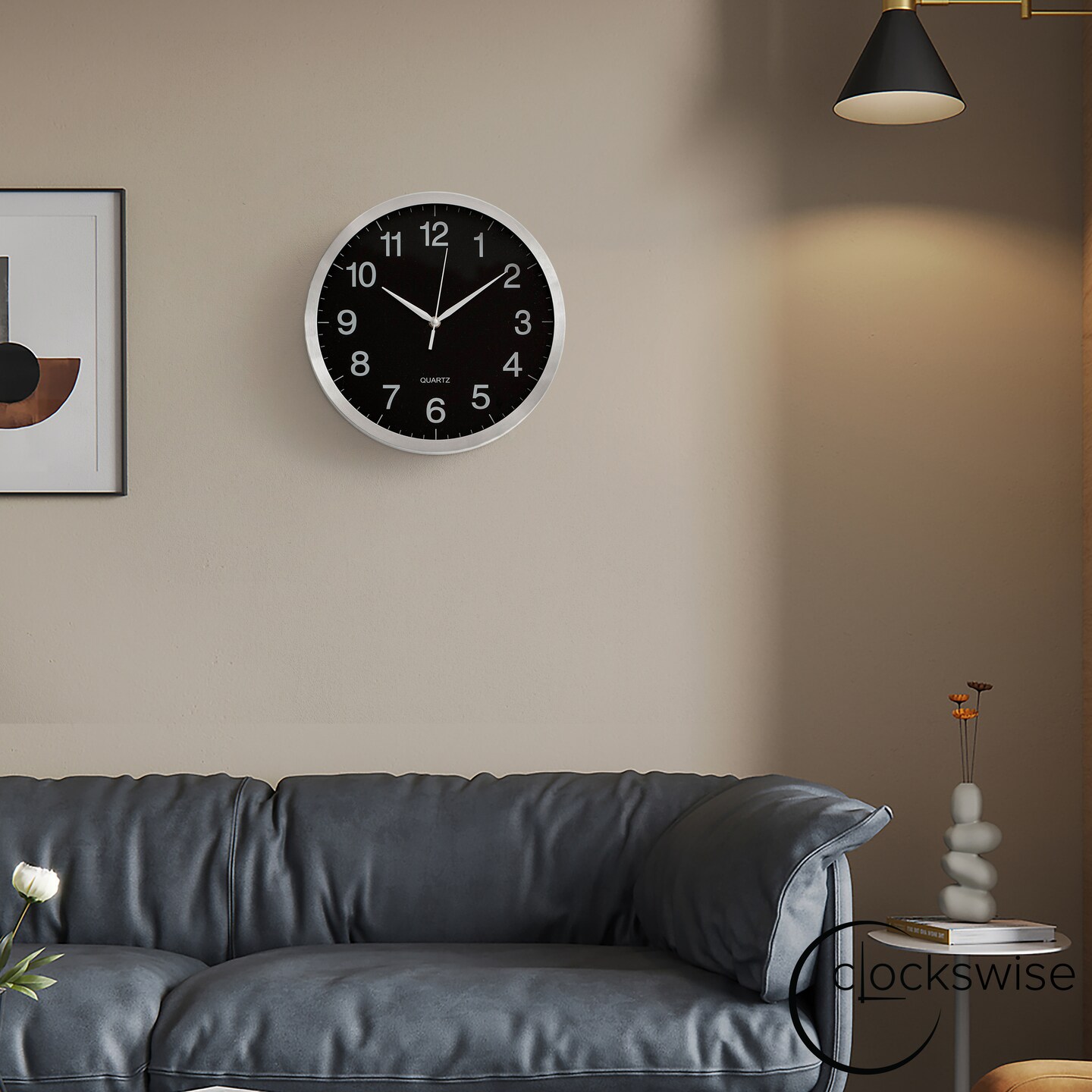 Clockswise Round Quartz Wall Clock Non-Ticking Battery Operated with Silent Sweep Movement, Aluminum Silver Frame, Perfect for Home Kitchen Office Living Room Study Hallway Classroom, Black Face