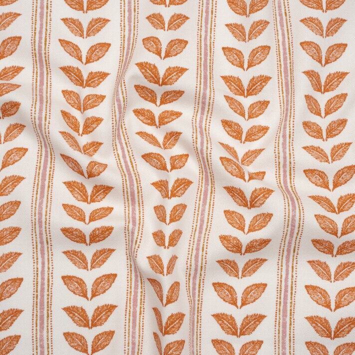 1 Yard Tangerine Leaves and Stripes Cotton Canvas Print Fabric