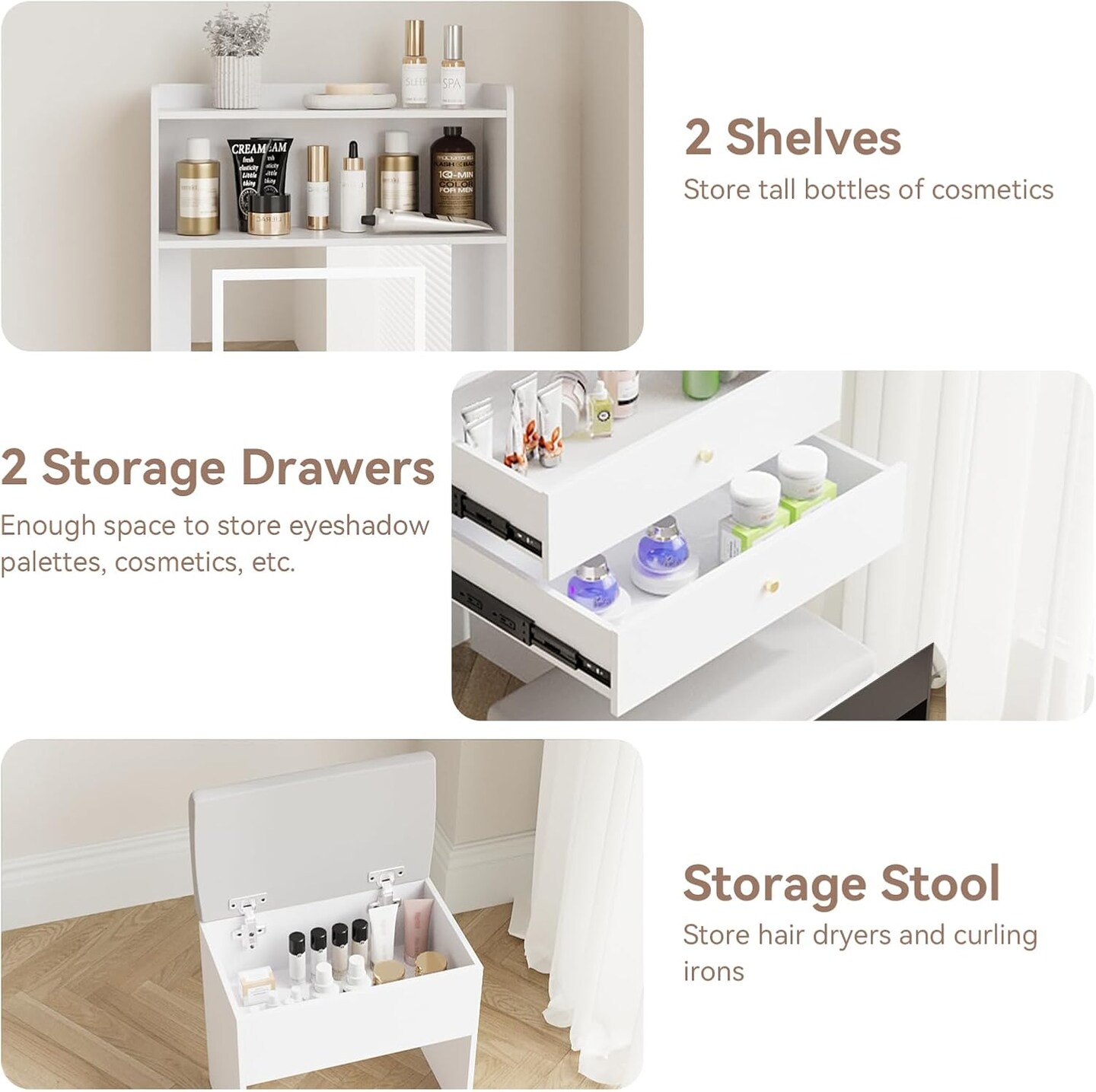 Small Vanity Desk Set with 3 Adjustable Lighted Mirror and Storage Chair Mini Makeup Vanities Set for Compact Space White Dressing Table with Fold-up Panel for Bedroom