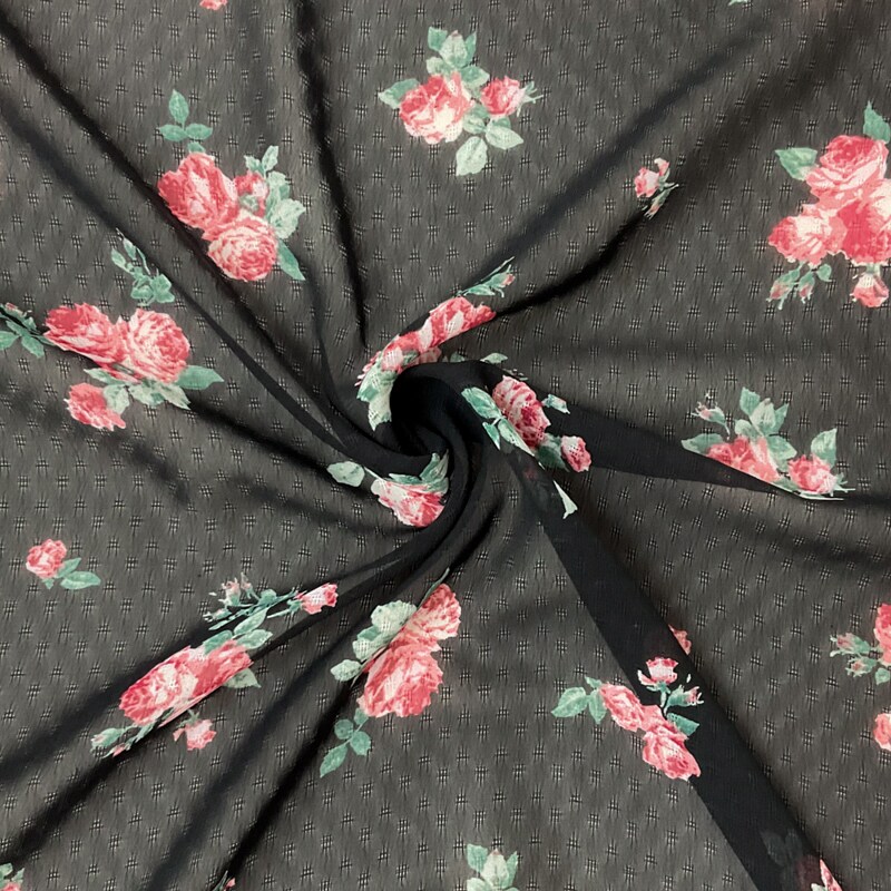 Black-Red-Multi Poly Floral Printed Dobby Chiffon Woven Fabric By the Yard