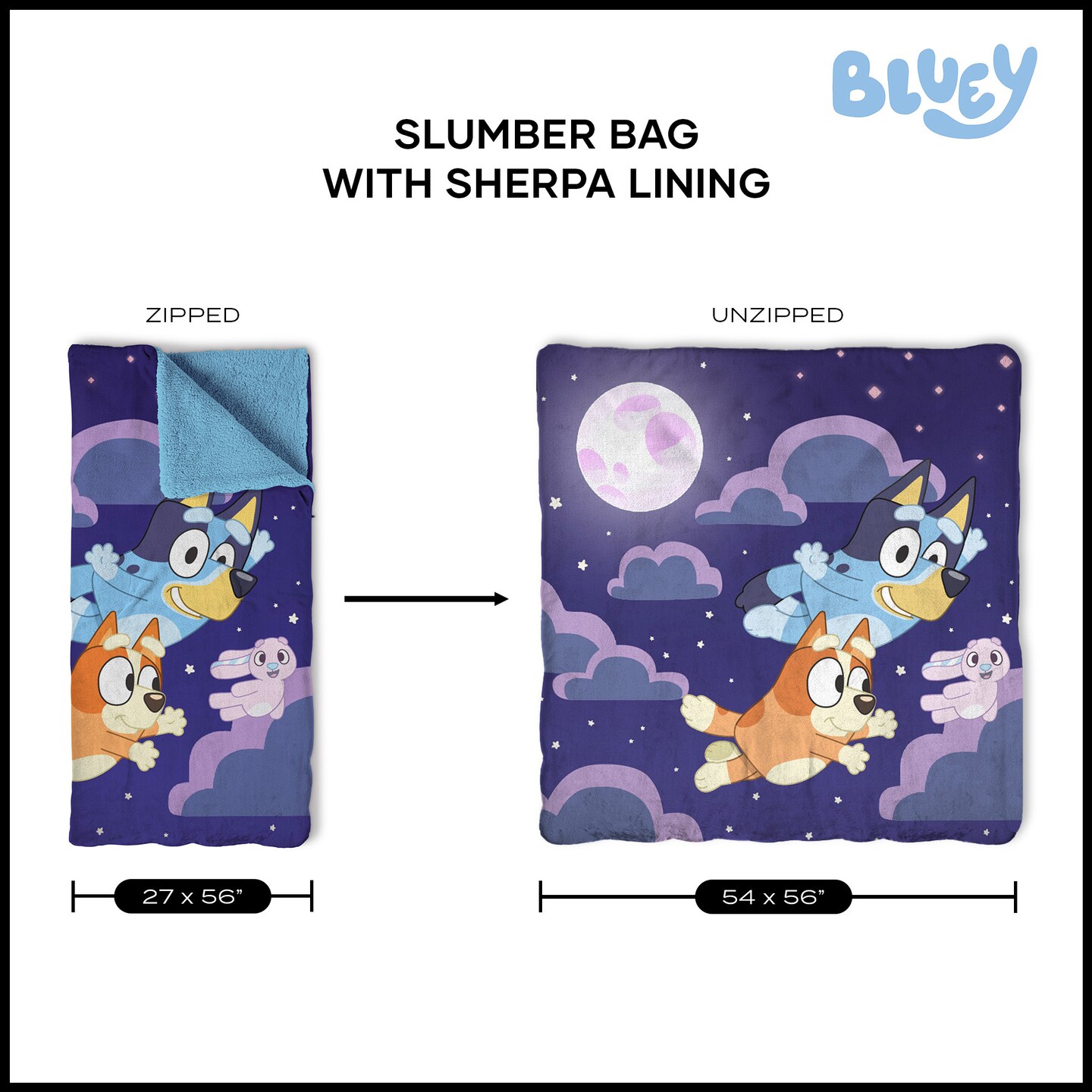 Bluey Slumber Pups Silk Touch Throw Blanket Sherpa Slumber Bag 27×56 Inches