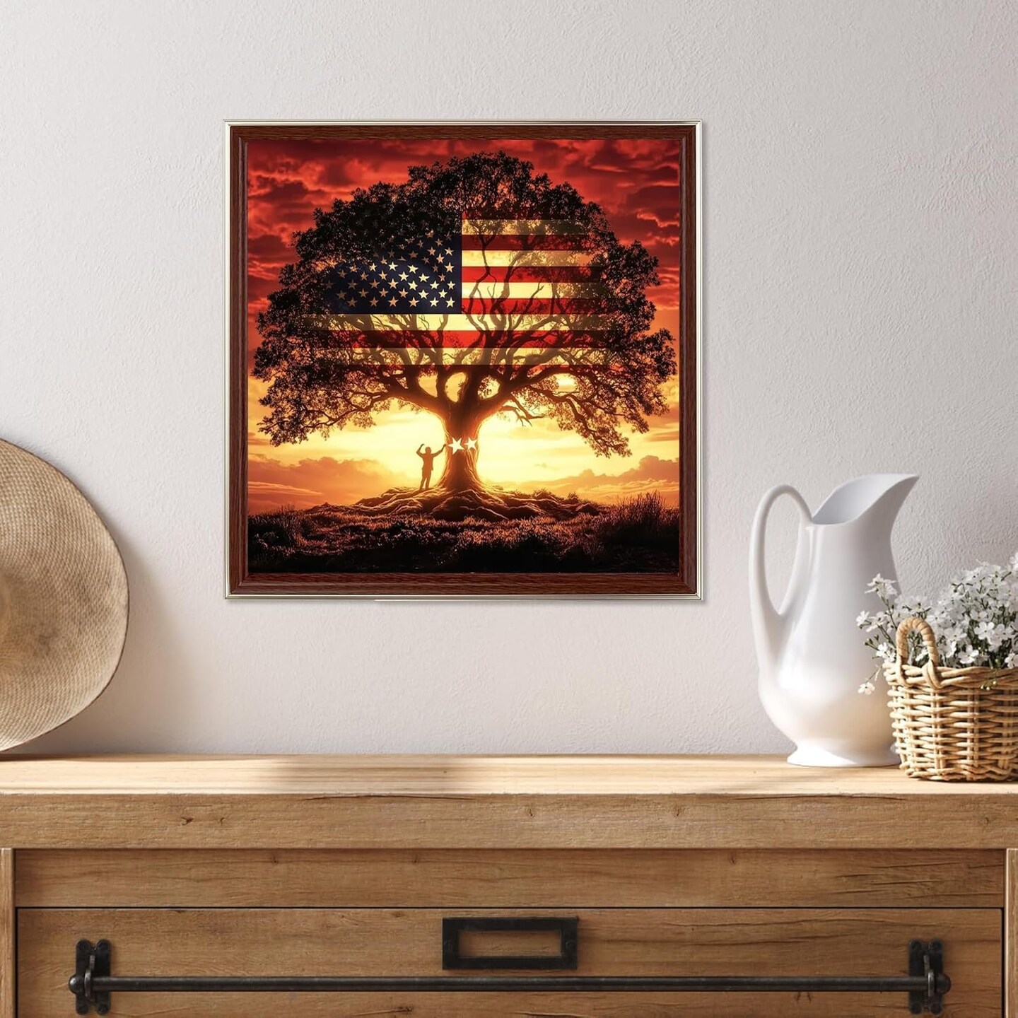 5D American Flag Tree Diamond Painting Kit for Adults 12x12 Inch Full Round Drill DIY Patriotic Gem Art Beginners Wall Decor Craft Set