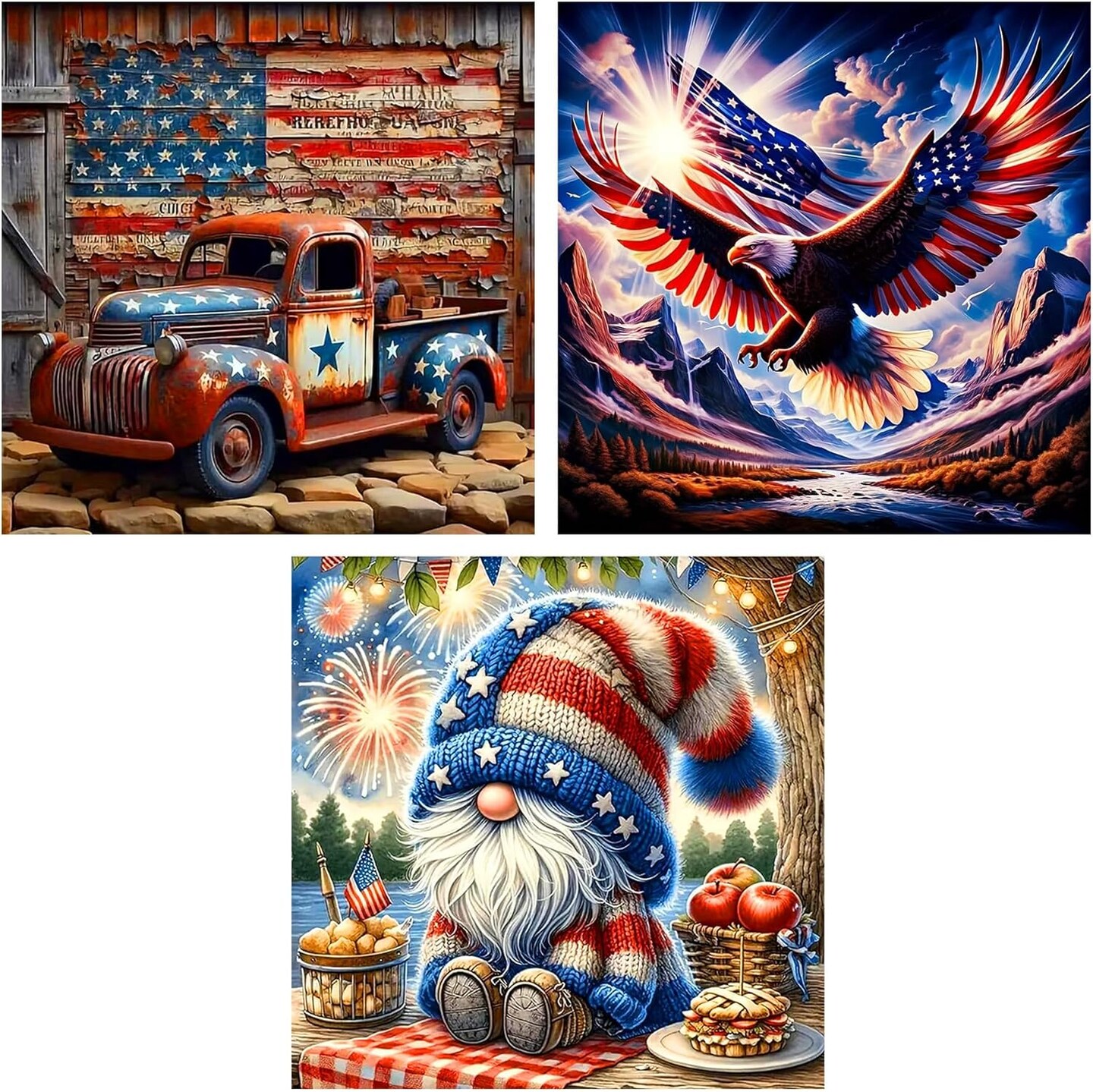 3 Pack 4th of July Patriotic Diamond Painting Kits for Adults Beginners – 5D Full Drill DIY Gem Art 14x14 Inch USA Independence Day Wall Decor Craft Set