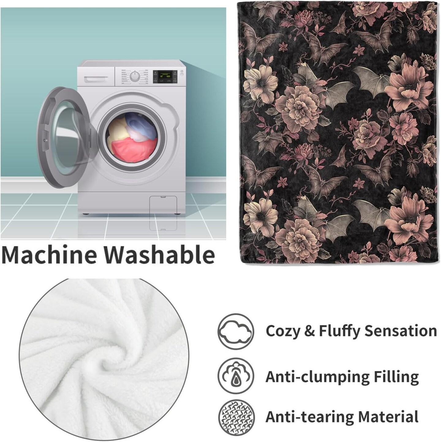 Gothic Blanket, Floral and Bat Halloween