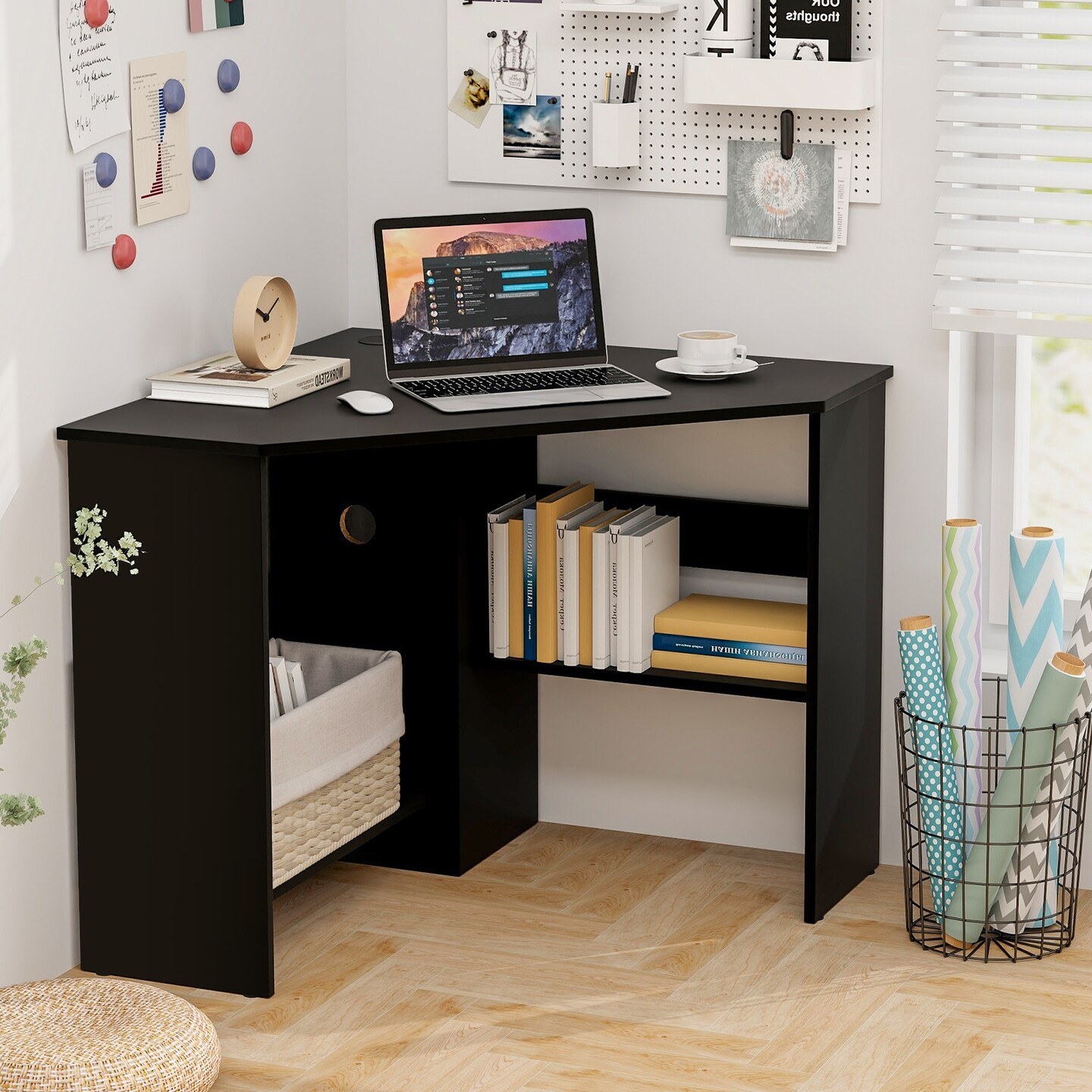 Costway Corner Computer Desk Triangle Writing Workstation w/ Storage Shelf White\Black
