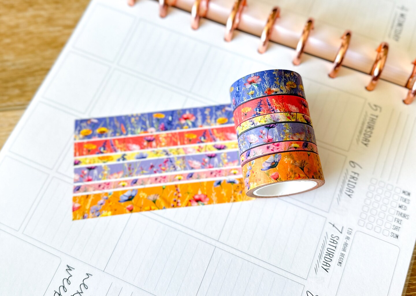 Summer Wildflowers Purple Coral Pink Yellow Periwinkle Washi Tape Set June 2025 - W134