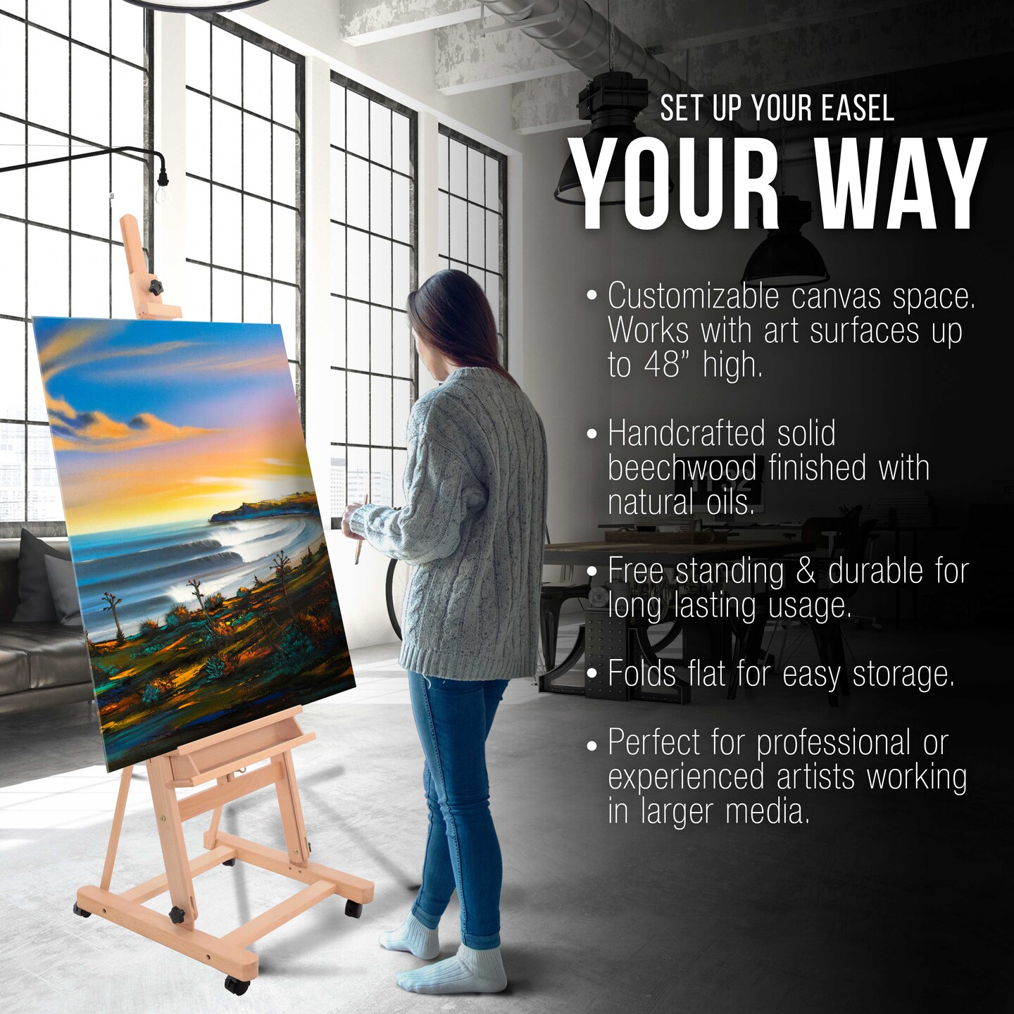 Medium Wooden Studio H Frame Easel with Storage Tray and Wheels - Adjustable to 96" High, Holds 48" Canvas - Beechwood Artist Easel for Painting, Art Display, Portraits