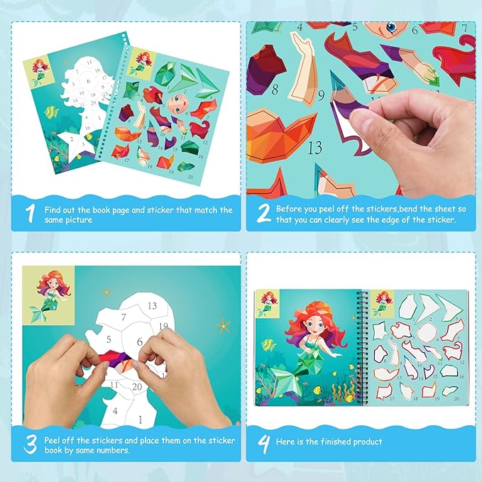3PCS Sticker Paint Books for Kids Ages 4-10,Unicorn Mermaid Animals Designs Paint by Stickers,Sticker by Numbers,Party Birthday Gifts for Girls 4-10,Create 30 Pictures One Stickers at A Time