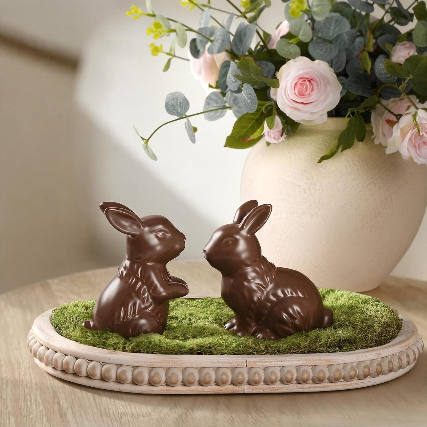 Easter Decorations – Set of 2 Chocolate Ceramic Bunny Figurines, Modern Easter Ornaments for Home, Elegant Table Centerpiece, Mantel, Living Room, Bedroom & Office Décor