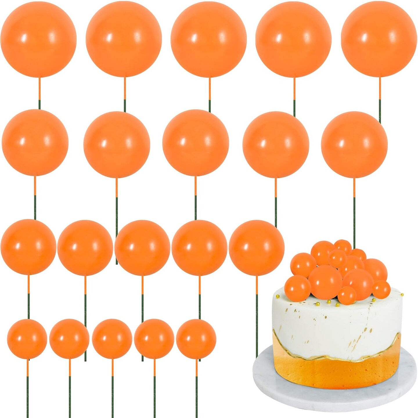 20-Pack Orange Mini Ball Cake Toppers – Foam Cake Balls for Birthday, Wedding, Baby Shower, Fall & Thanksgiving Cake Decorations