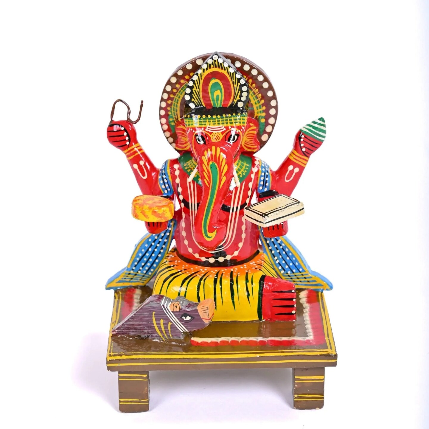 Wooden Ganesha Statue Kondapalli Hand Painted Lord Ganesh Sculpture Gajanana Ganpati Bappa Figurine for Pooja - Home Decor Hindu God Idol Murti Good Luck & Success (6.8 Inch)