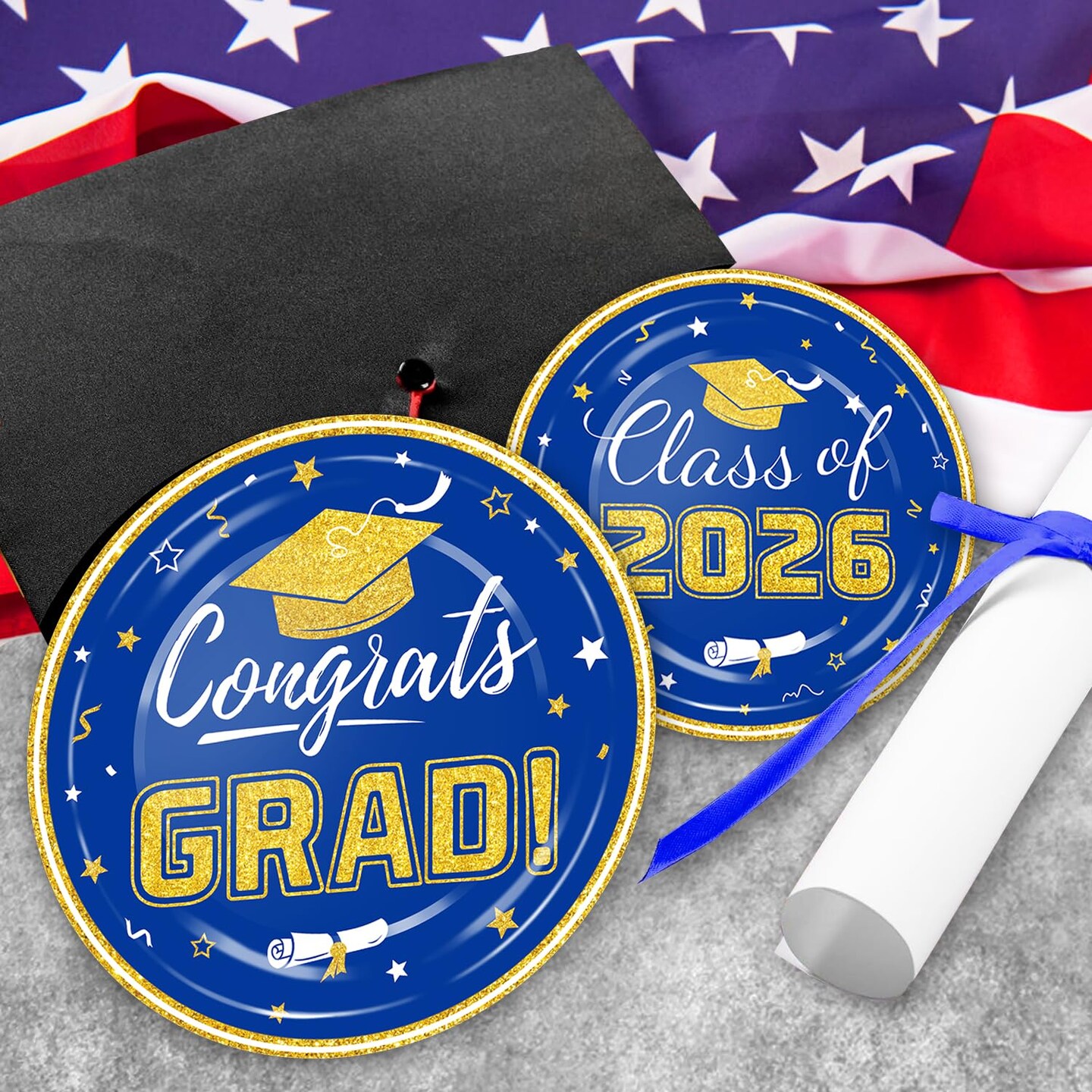 Graduation Plates and Napkins 2026 Congrats Grad Disposable Paper Plates Cocktail Napkins Luncheon Napkins for Blue and Gold Graduation Party Decorations, Serve 50