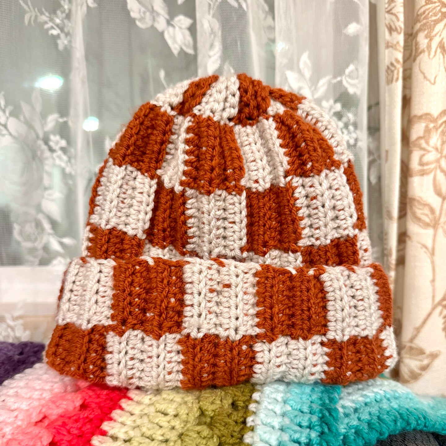 Rust and Cream Checkered Beanie | MakerPlace by Michaels