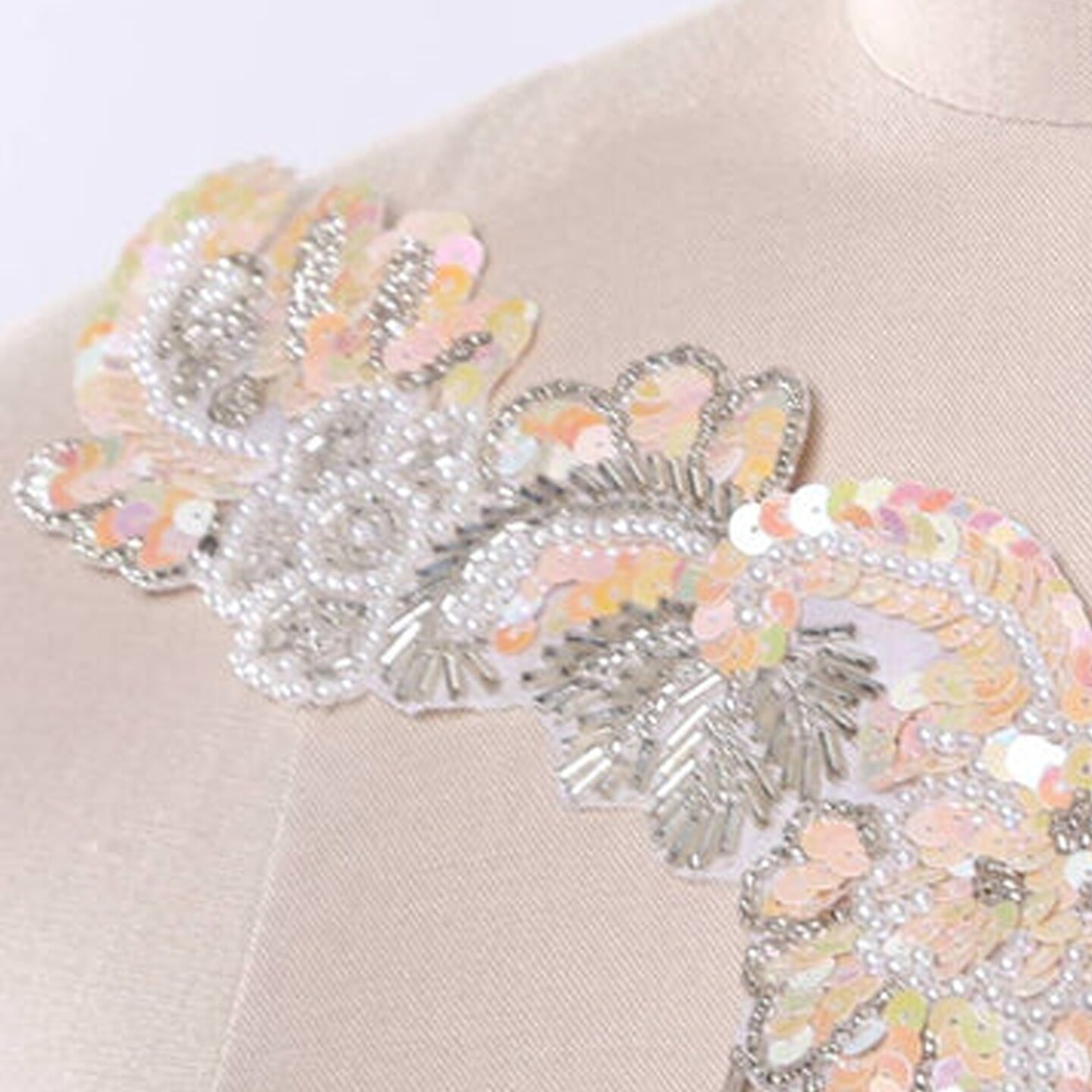 ! Piece Peach V Neck Applique with Sequin Beaded Fringe and Rhinestone Detailing