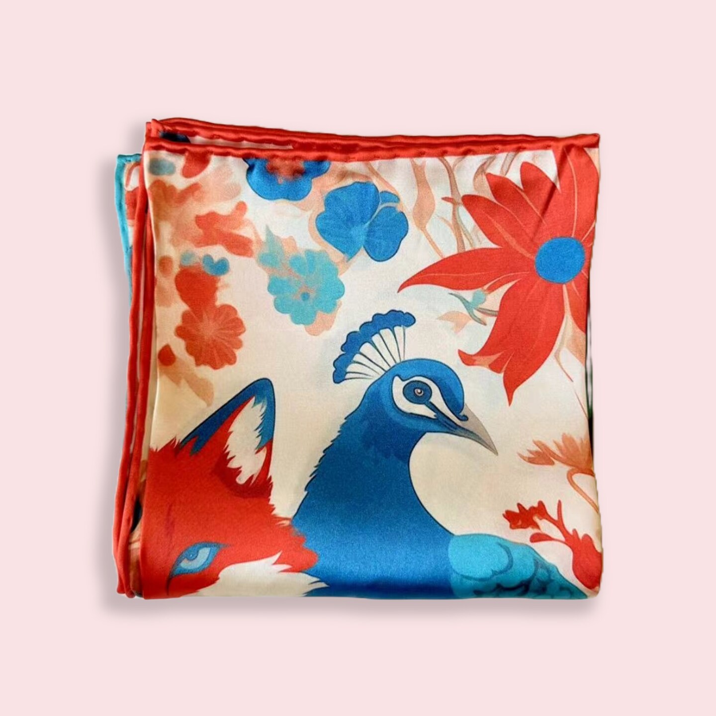 Pure Silk Square Scarf - Fox and Peacocks 27 In, Mulberry Satin