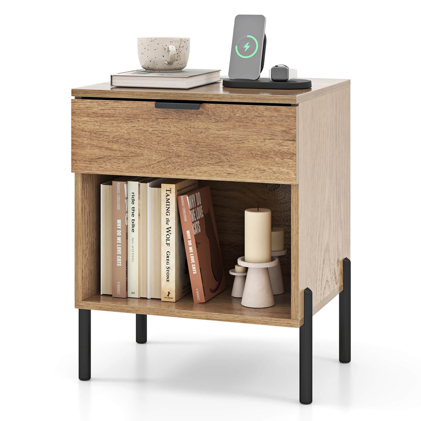 Costway Nightstand with Charging Station Drawer Compartment Modern Side End Table
