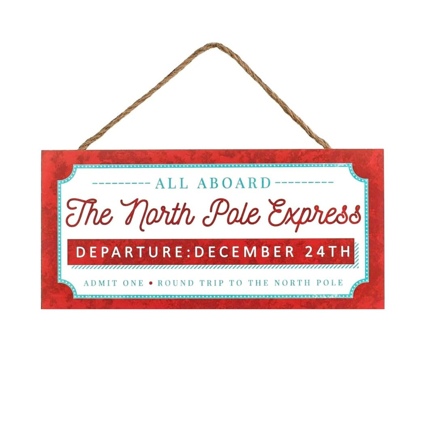 North Pole Express 12.5" Train Ticket Wooden Sign For Christmas Wreath Accents, Door and Wall Hangers, DIY Crafts, and Decorations (Light Blue, White, Red)